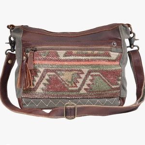 Myra Womens Bag Luguni Upcycled Canvas & Leather Shoulder Bag S-1610-Brown/Green